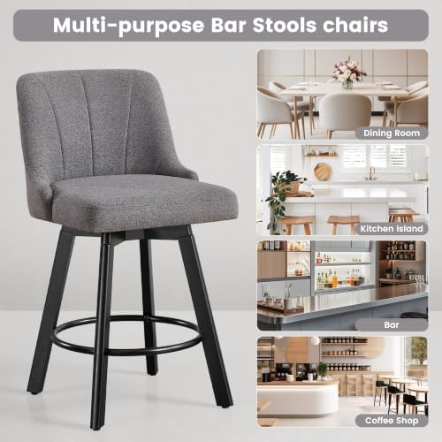 Swivel Bar Stools Set of 2,24" Upholstered Counter Height Bar Chairs with Back and Solid Wood Legs for Kitchen Island Fabric (Navy Blue)