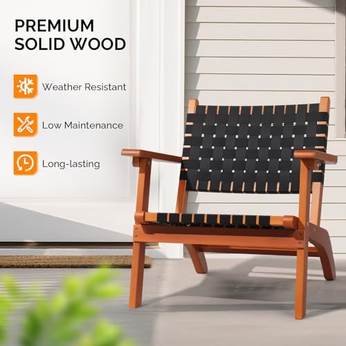 VINGLI Outdoor Armchair, Wooden Adirondack Chair All-Weather Wooden Patio Chair with Waterproof PE Woven Fabric, Porch Chair for Garden, Lawn and Poolside (2, Black and Brown)
