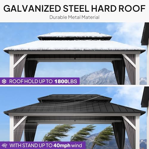 PURPLE LEAF Hardtop Gazebo 8' x 12' Galvanized Steel Roof White Frame