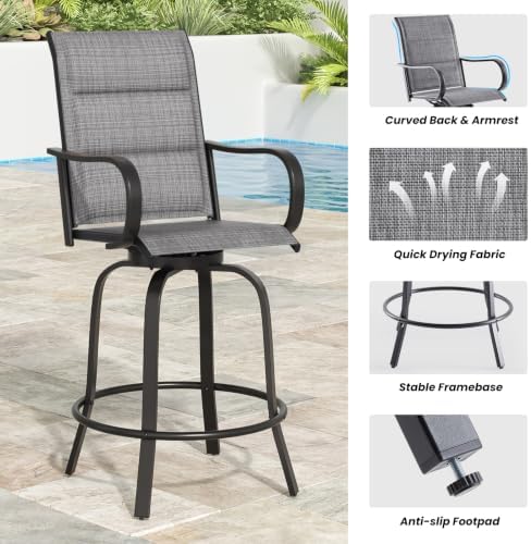 Patio Swivel Bar Stools Set of 2，All-Weather Outdoor High Bistro Stools with Textilene Fabric for Outside, Beach, Lawn, Poolside and Garden (Black/Dark Grey)