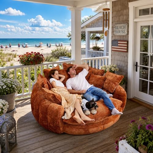 81.1" Cloud Couch Sleeper Sofa, Oversized Round Chaise Lounge Chair Indoor, Modern Chenille Boneless Couch with 14 Pillows, Upholstered Barrel Daybed, Memory Foam Sofas for Living Room, Orange