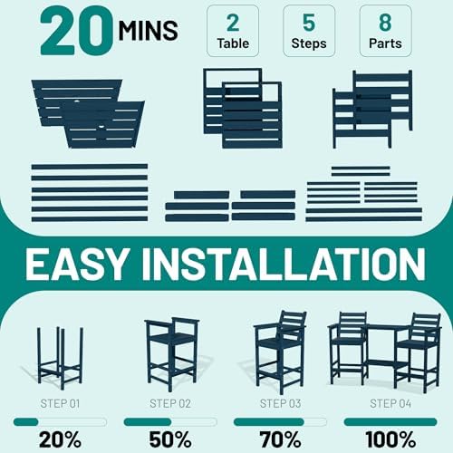 PLUUV Tall Adirondack Chairs Set of 2 with Double Table Trays, Navy
