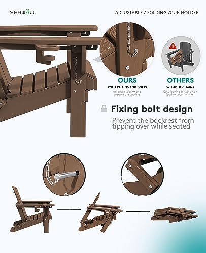 SERWALL Folding Adjustable Adirondack Chairs Set of 2, Cup Holders, Brown