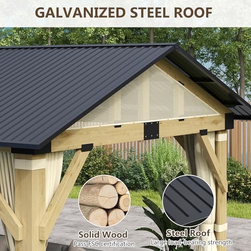11'x13' Wood Gazebo, Outdoor Hardtop Gazebo, Cedar Frame Wooden Gazebos with Waterproof Steel Roof, Fit Patio, Backyard, Garden, Lawns, Porch (Curtains & Netting Included)
