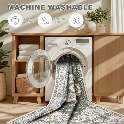 10x14 Area Rugs Living Room: Washable Rug for Bedroom Green Ivory