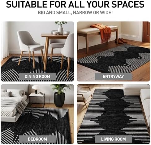 Rugshop Bohemian Stripe Stain Resistant High Traffic Area Rug Black 5' x 7'