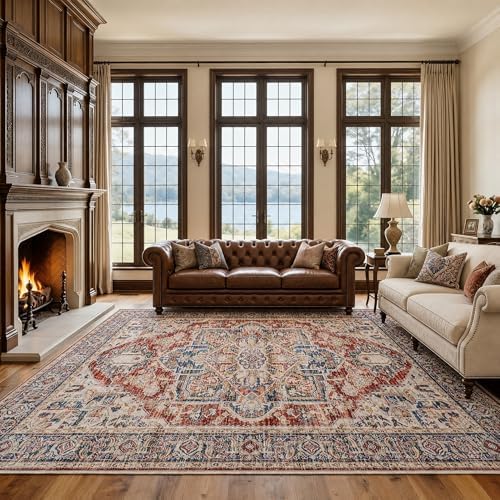AMADA HOMEFURNISHING 8x10 Washable Area Rug, Low-Profile Large Area Rug with Non-Slip Backing & Durable Edge Binding, Vintage Large Rugs for Living Room, Bedroom, Dinning Room