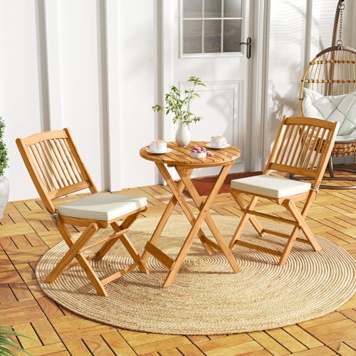 Tangkula 2 Pieces Folding Outdoor Dining Chairs, Acacia Wood Patio Chairs with Soft Cushions, Slatted Backrests and Seats, Outdoor Chairs for Porch, Balcony, Deck and Yard (One-Size,Beige,2)