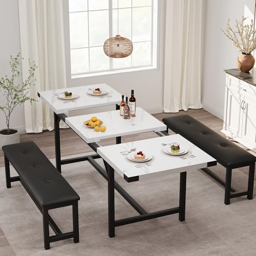 IDEALHOUSE 3 Piece Dining Table Set for 4-6, 63" Extendable Thick Metal Frame Kitchen Table with 2 Upholstered Benches Set for 6, Rectangle Wooden Dinette Table Set for Dining, Apartment, Marble White