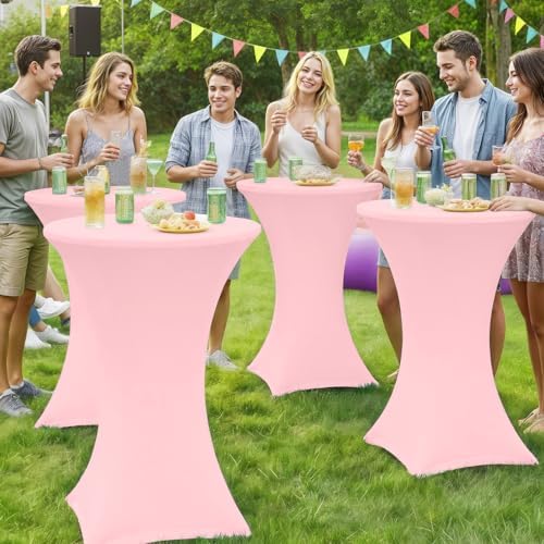 Moosfor Spandex Cocktail Table Covers 4 Pack, Elastic Fitted Stretch Table Cloth, Round High Top Tablecloths for Bar, Party, Pub, Wedding & Banquet (Pink, 32x43 Inch)