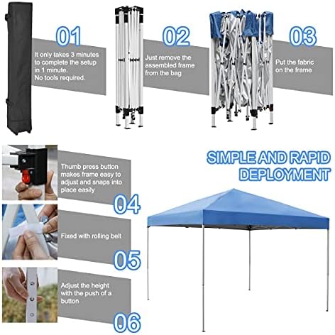 JupiterForce 10 x 10 Pop Up Height Adjustable Canopy Tent Sun Protection Waterproof Instant Shelter Portable Folding Canopy with Ropes Stakes Roller Carry Bag, Blue