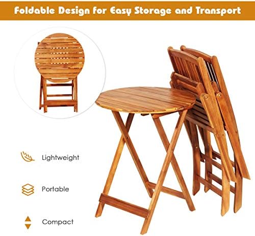 ORALNER 3-Piece Acacia Wood Folding Patio Bistro Set, Small Outdoor Balcony Furniture, Round Coffee Table and 2 Chairs with Soft Cushions, Teak Table Set for Porch, Backyard, Deck (Navy Blue)