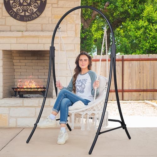 ANOW Outdoor Hanging Hammock Chair with Stand, Natural Macrame Swing Chair