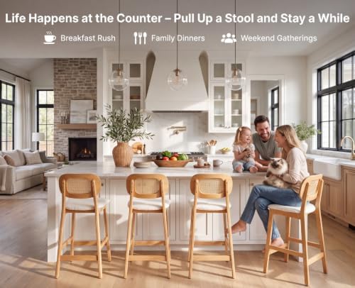 Shunzhi Rattan Bar Stools Set of 3, Upholstered Farmhouse Barstools with Woven Back, Boho Wood Kitchen Island Chairs, Comfy Counter Height Bar Chairs for Pub/Home Bar, Cream Faux Fur