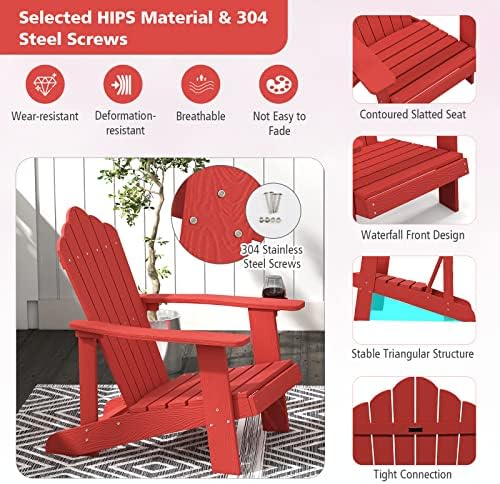 Tangkula Oversized Adirondack Chair, Patio Lounge Chairs w/Adjustable Cup Holder, HIPS Armchairs Slatted Chair, Outdoor Weather Resistant Fire Pit Chair for Deck Backyard Garden Porch (1, Red)