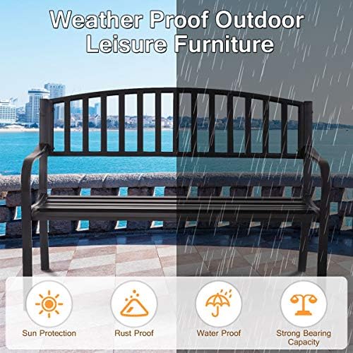 Giantex Outdoor Bench, 50” Patio Garden Bench with Steel Frame, Slat Design, 500 Lbs Weight Capacity, Patio Seating Bench for Porch, Backyard, Poolside, Outside Decor Furniture, Park Loveseat, Black
