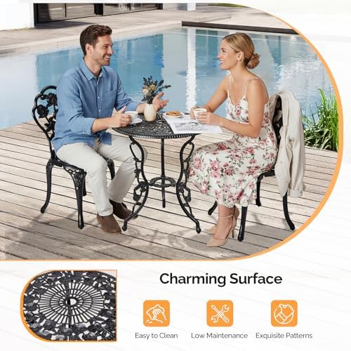 VINGLI 3 PCS Outdoor Bistro Set, Outdoor Patio Set, All-Weather Cast Aluminum Bistro Table Set, Bistro Table and Chairs Set of 2 for Backyard, Garden, Balcony (Black, Rose)