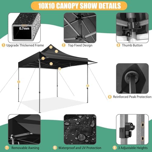 COBIZI 10x10 Pop Up Canopy Tent with Awning,Heavy Duty Canopies,Black