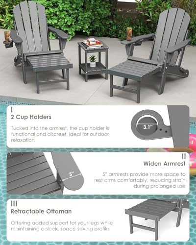 GREENVINES Adjustable Adirondack-Chairs-with-Ottoman Set of 2, HDPE, Grey