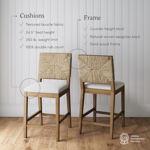 Nathan James Beacon Bohemian Boucle Bar Stool, Upholstered Counter Height Chair with Solid Wood Frame and Woven Seagrass Back for Kitchen Island, Light Brown/Seagrass/Cream Boucle, Set of 2