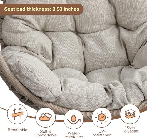 Upgraded Core-Spun Polyester Rope Hanging Egg Chair w/Stand, Foldable Swing Seat, 350LBS, No PE Rattan Shedding, Weatherproof, Never Fray, Full Surround Cushion for Patio Balcony. (Grey Cushion)