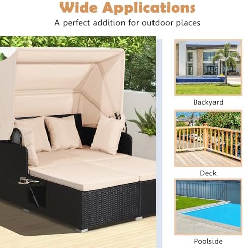 Tangkula Patio Rattan Daybed with Retractable Canopy, Outdoor Wicker Sunbed Lounger with 2 Foldable Side Tables, Thick Seat & Back Cushions, Outside Double Daybed for Garden, Backyard, Porch