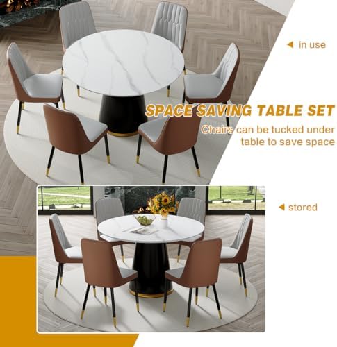 Round Dining Table Set for 6, Modern Round Dining Table Small 45 Inch Dinner Table Wood Round Tables for Living Room, Space Saving, Easy Assembly