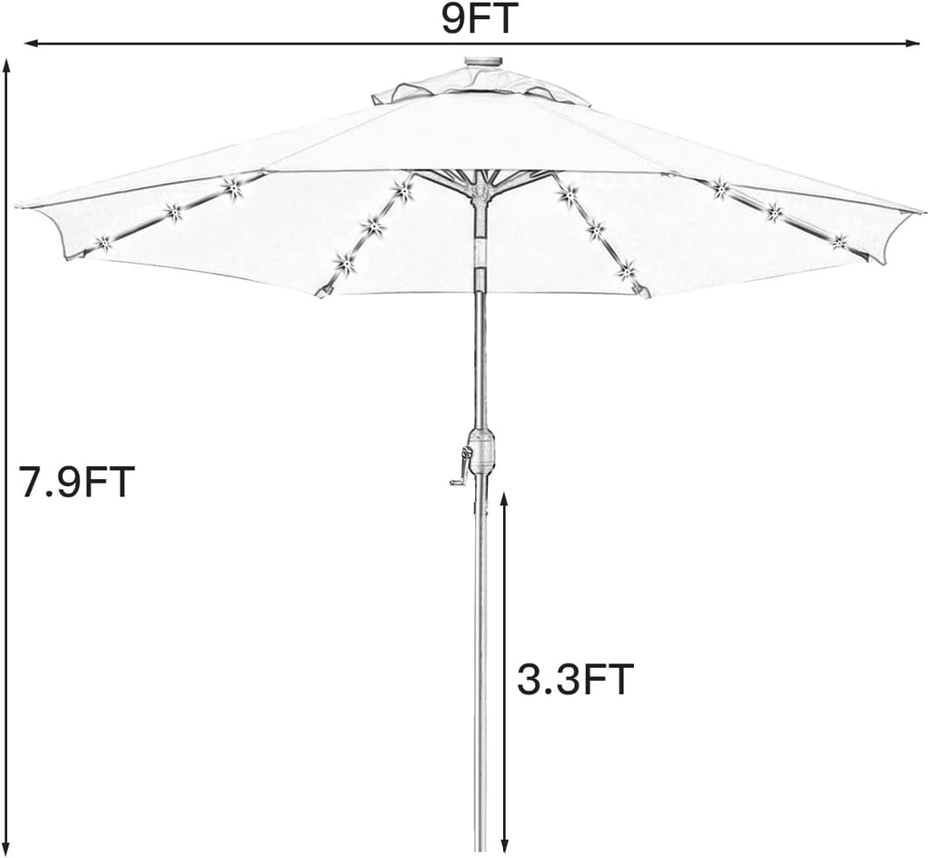 Sunnyglade 9' Solar LED Patio Umbrella, 8 Ribs, Tilt & Crank (Grey)