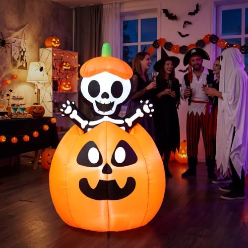 Joiedomi 5FT Halloween Animated Inflatables Outdoor Decorations, Inflatable Skeleton On Pumpkin with LEDs, Cute Blow Up Pumpkin Skeleton Decor for Outside Yard Indoor Lawn Garden Party Decoration