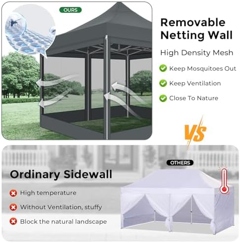 COBIZI 10x10 Heavy Duty Pop Up Canopy with 4 Mosquito Net Sidewalls, Gray