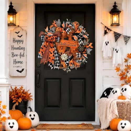 Halloween Wreaths for Front Door, Halloween Wreath with Ribbon Bow