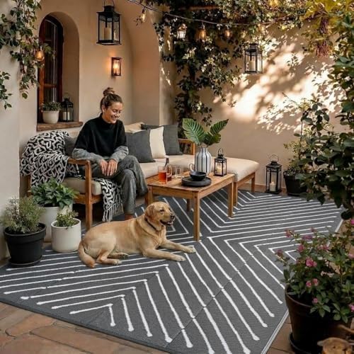 Garvee 8x10 Outdoor Patio Carpet Reversible Waterproof, Large Portable RV Camping Rug for Deck, Porch, Backyard, Balcony, Beach, Grey&White Outdoor Mat