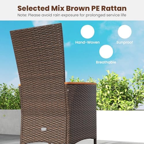 Tangkula High Back Rattan Patio Dining Chairs Set of 2, Outdoor Wicker Dinner Cushioned Chairs with Acacia Wood Armrests, Outside Bistro Chairs for Backyard, Porch, Balcony