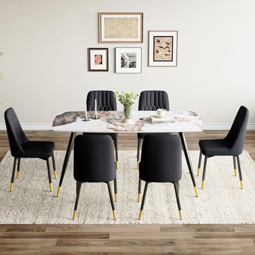 7 Piece Dining Table Set, Dinner Table Set for 6, Sintered Stone Kitchen Table Top and Modern Chairs Set of 6 for Kitchen Dining Room