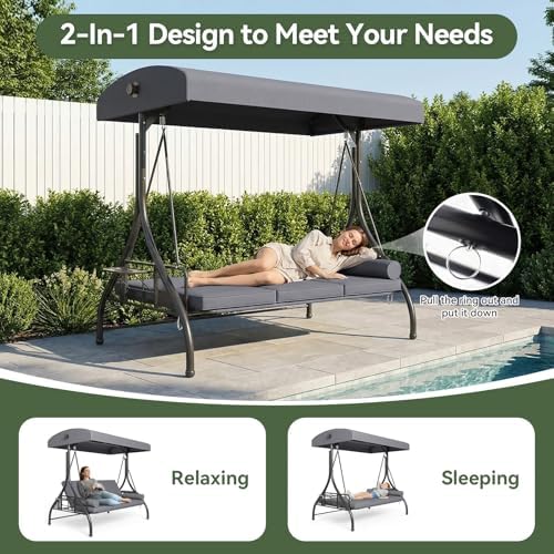 Aoxun Outdoor Porch Swing with Stand and Canopy, 3 Seats Outdoor Swings for Adults, Convertible 2 in 1 Swing Bed with Cup Holder, Patio Swings with Thicken Cushions for Garden, Yard & Balcony, Grey