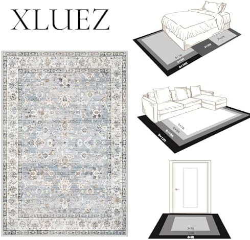 XLUEZ Area Rug 9x12 Living Room Rug, Machine Washable Vintage Distressed Boho Area Rug Non-Slip Soft Low Pile Large Indoor Rugs for Bedroom Kitchen Dining Room Office(Light Blue,9'x12')