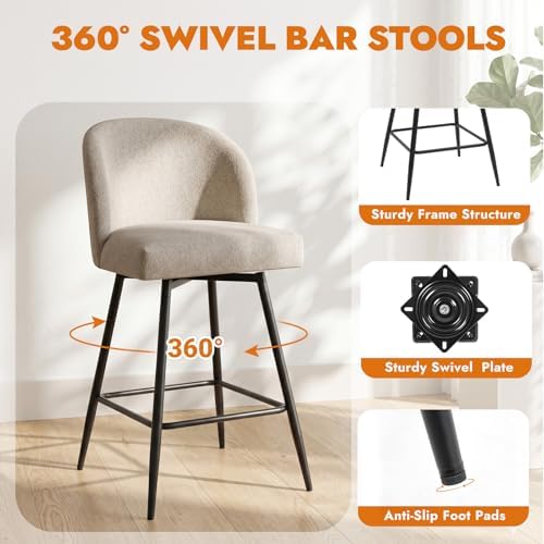 Counter Height Bar Stools Set of 2, 360° Swivel Upholstered Barstools with Backs and Metal Legs, 26" H Seat Height, Linen Fabric in Redish Sand