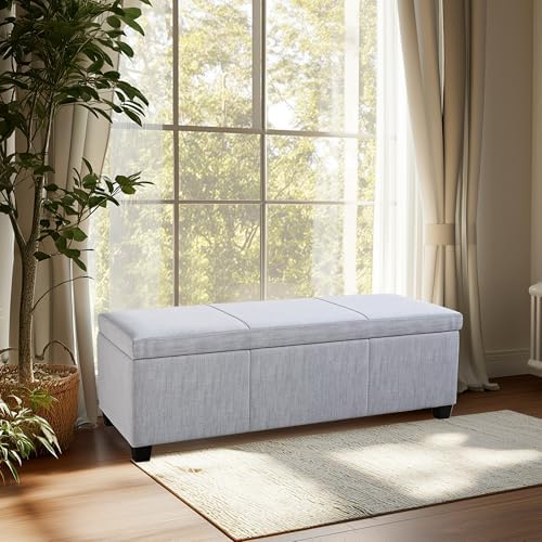 BELLEZE Storage Ottoman, 47 Inch Bench Bedroom Bench with Safety Close Hinge, Extra Long Ottoman with Storage for Living Room, Entryway, Hallway, Foot Rest, Support 300lbs - Gray