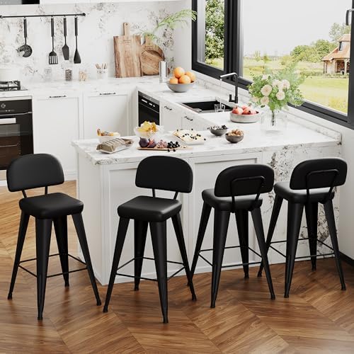 Yongchuang 24" Bar Stools Set of 4, Black Faux Leather Barstools with Back