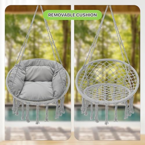 Magshion Macrame Hanging Hammock Chair with Cozy Full Cushion, Gray
