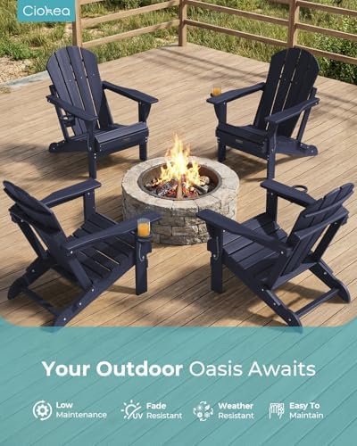Ciokea Folding Adirondack Chairs Set of 2, Patio Adirondack Chair Weather Resistant, Plastic Fire Pit Chair with Cup Holder, Lawn Chair for Outdoor Porch Garden Backyard Deck, Blue
