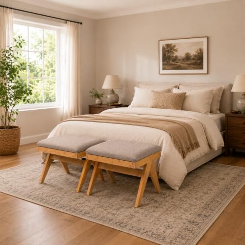 BAMBOOHOMIE Square Foot Stool Ottoman, Large Vanity Stool with Thickened Bamboo Legs & Foam Cushion for Makeup Room, Modern Foot Rest Padded for Bedroom Closet Entryway Living Room (Natural - Brown)