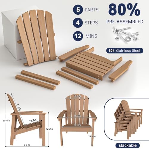 nevilywood Stackable Adirondack Chair, HDPE Outdoor Chair Set of 4, Teak