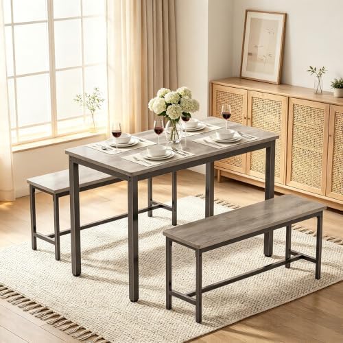 Dining Table Set for 4, 3 Piece Dining Room Table Set for Space-Saving, Modern Kitchen Table with 2 Benchs for Apartment Breakfast Nook and Samll Space, Grey