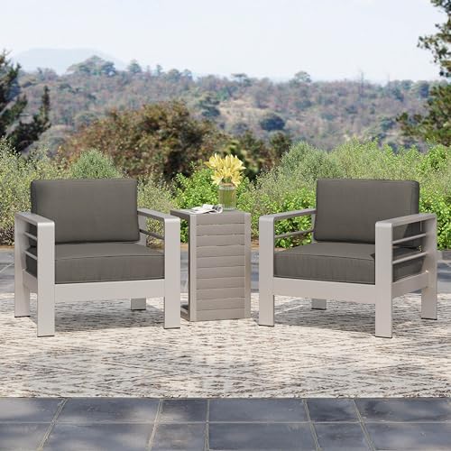 Christopher Knight Home Cape Coral Outdoor Aluminum Club Chairs with Side Table, Khaki / Silver