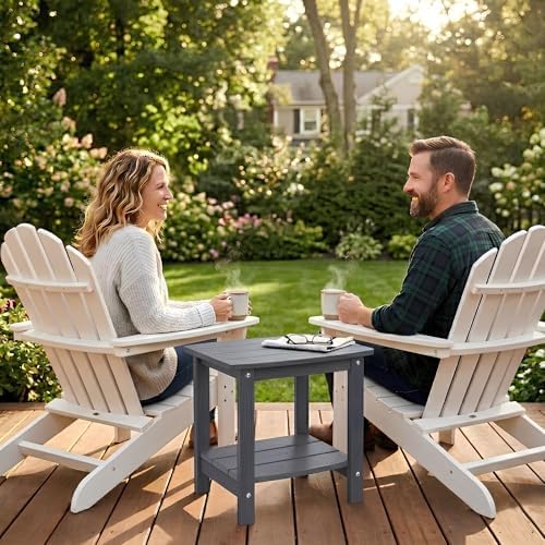 Y&M Outdoor Side Table, HIPS Adirondack Small Double Layer Table, Waterproof Square Balcony Modern End Tables for Patio, Pool, Beach, Porch, Deck, Indoor or Outdoor Use, Dark Gray