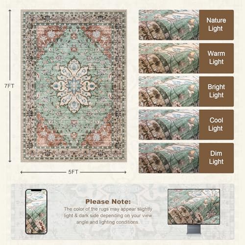 5x7 Area Rugs Living Room: Washable Rug for Bedroom Brown Green