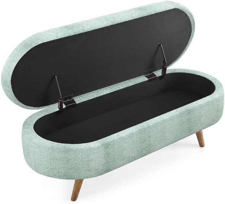 43.5" Fabric Storage Ottoman Bench for Bedroom,Upholstered Boucle Ottoman with Safety Hinge,End of Bed Bench with Rubber Wood Legs for Living Room Entryway,Cyan