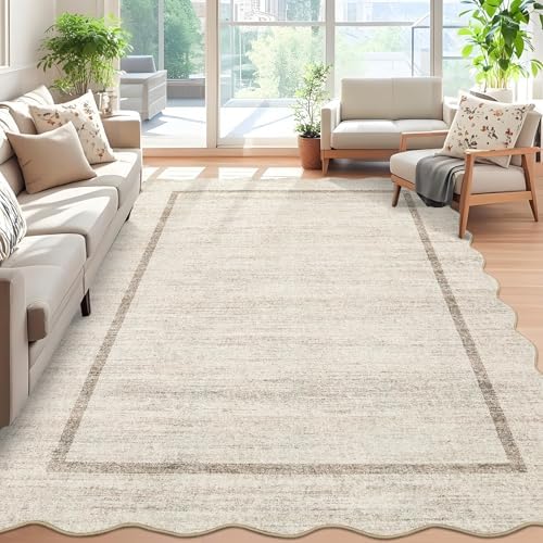 GarveeHome Scalloped Large Living Room Area Rug 6x9 Machine Washable, Beige