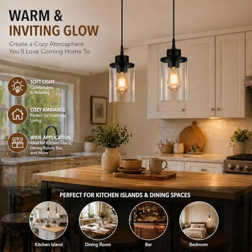 Black Farmhouse Clear Glass Cylinder Pendant Light, Modern Hanging Fixture (3 Pack)